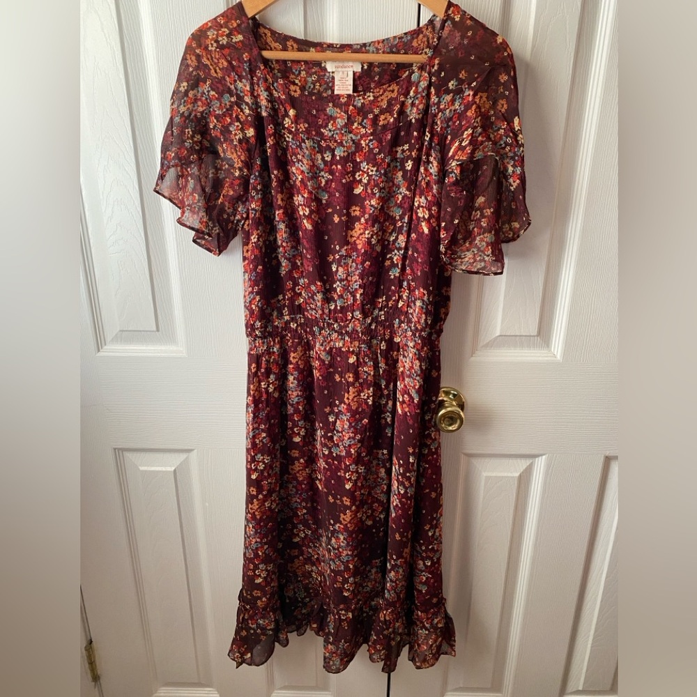 sundance Burgundy Dark Floral 100% Silk Crepe Flutter Sleeve Midi Dress SZ S
